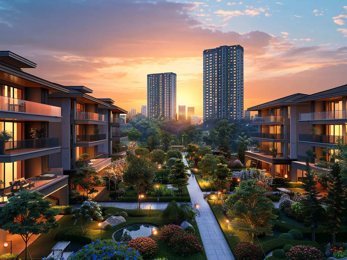 High-rise residential apartment towers in Delhi NCR at dusk